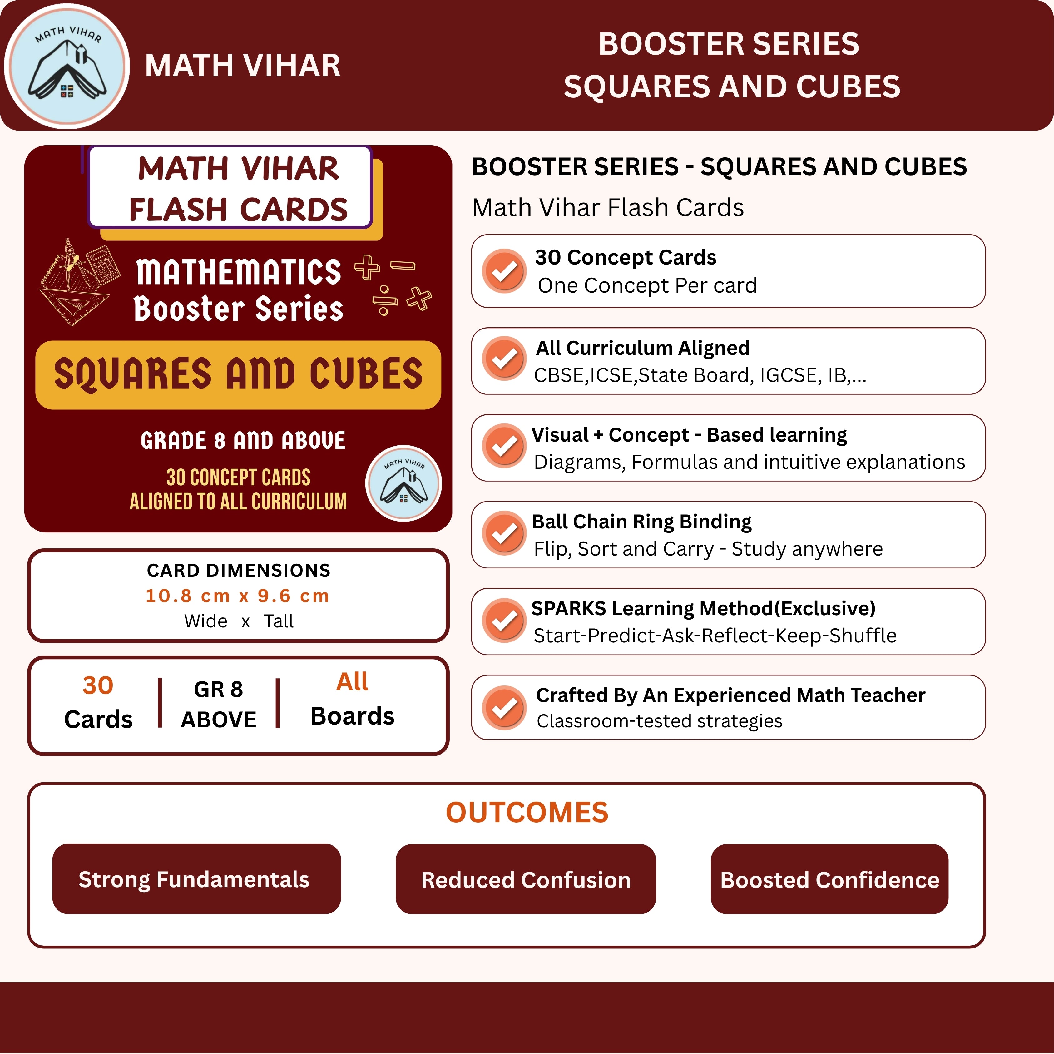 Squares and Cubes Flash Cards for Class 8 and Above | 30 Score Booster Cards | CBSE, ICSE & IGCSE All Curriculum | Learning Cards for Exam Prep