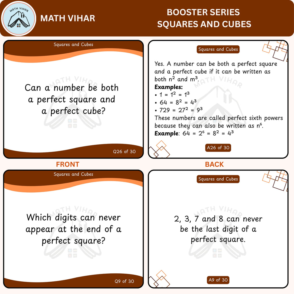 Squares and Cubes Flash Cards for Class 8 and Above | 30 Score Booster Cards | CBSE, ICSE & IGCSE All Curriculum | Learning Cards for Exam Prep