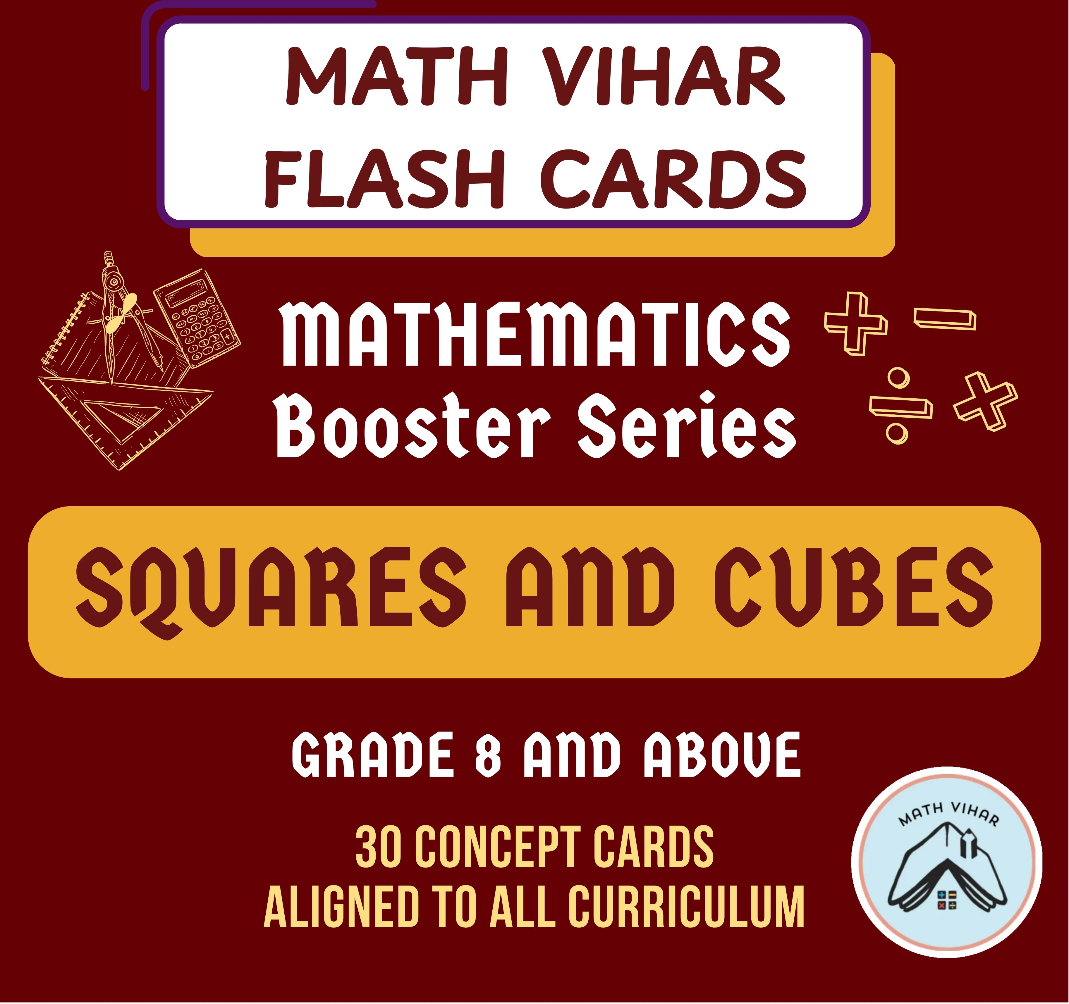 Squares and Cubes Flash Cards for Class 8 and Above | 30 Score Booster Cards | CBSE, ICSE & IGCSE All Curriculum | Learning Cards for Exam Prep