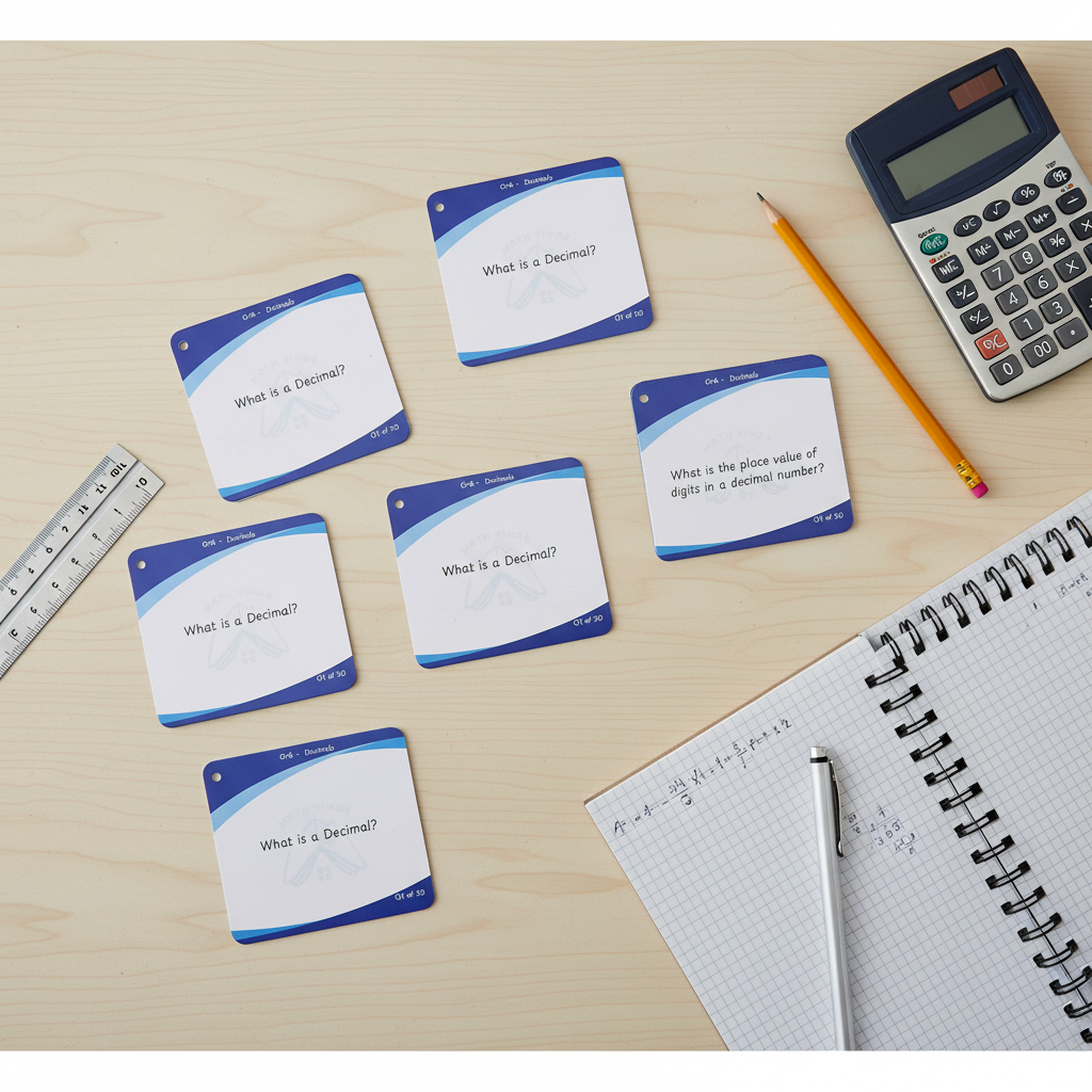 Flat lay Decimals Flash Cards with math tools