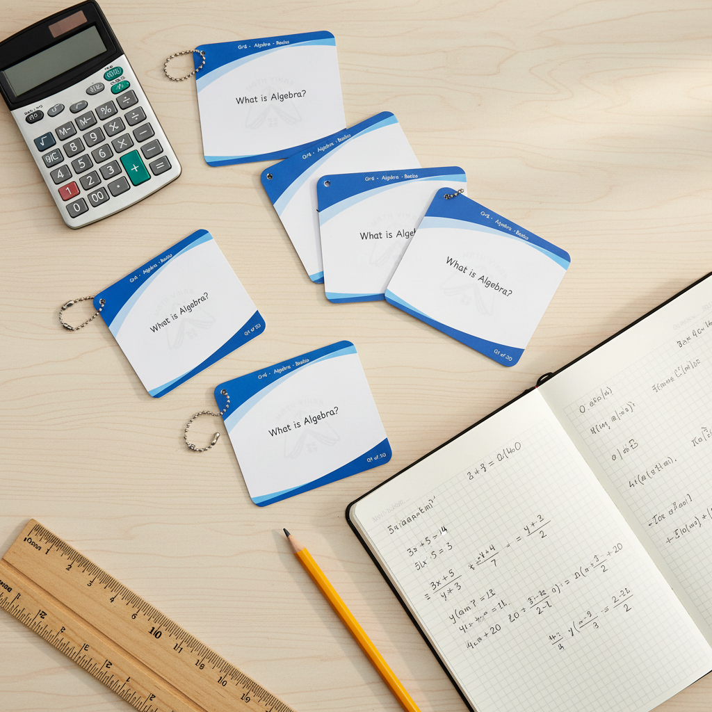 Flat lay of Algebra Basics Flash Cards with math tools