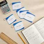 Flat lay of Algebra Basics Flash Cards with math tools
