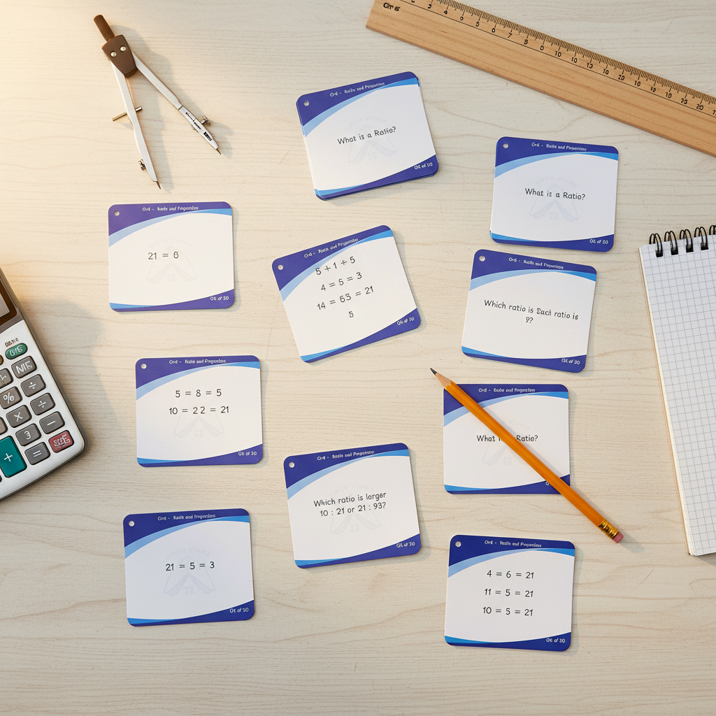 Flat lay of Ratio and Proportion Flash Cards with math tools