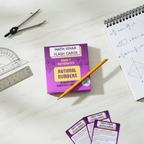 Flat lay of Rational Numbers Flash Cards with math tools